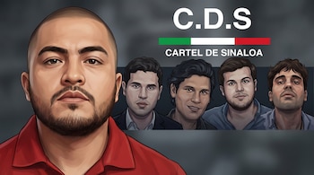 Retrato ilustrado de hombre con barba y camisa roja en primer plano, con cuatro hombres y el logo de C.D.S. Cartel de Sinaloa en el fondo.
