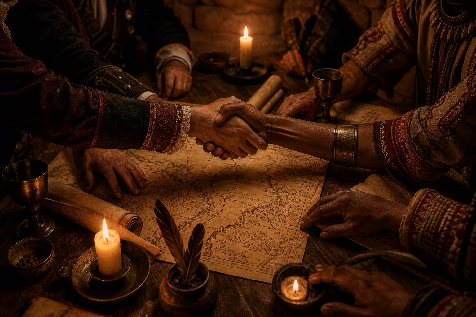 Un apretón de manos entre líderes indígenas y autoridades españolas sella un pacto sobre un mapa antiguo. (Imagen Ilustrativa Infobae)