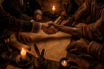 Manos de varias personas estrechándose sobre un mapa antiguo colocado en una mesa de madera con velas, copas y pergaminos.