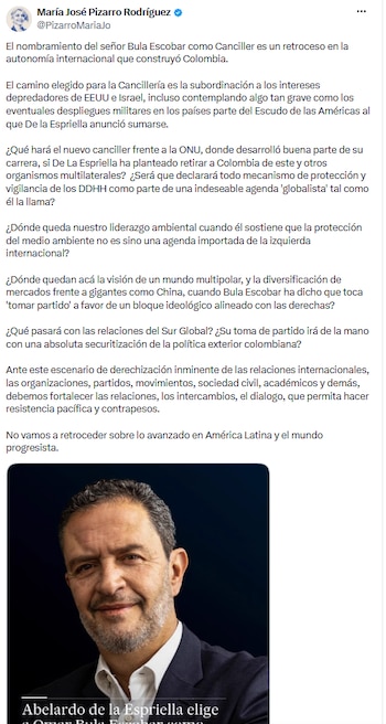 María José Pizarro señaló retroceso en autonomía internacional tras el nombramiento de Omar Bula Escobar - crédito @PizarroMariaJo/X