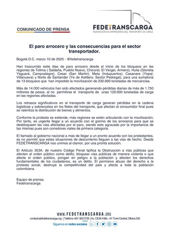 Fedetranscarga dice que el paro