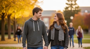 Hombre y mujer jóvenes, con suéteres de invierno, caminando de la mano y mirándose sonrientes. Fondo con árboles otoñales amarillos y edificios universitarios.