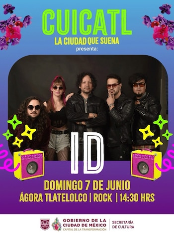 Póster de evento musical multicolor con la banda ID al centro, mostrando a cinco personas. Incluye texto promocional del concierto y logos oficiales