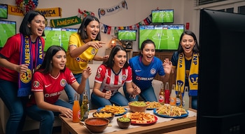 Seis mujeres jóvenes con camisetas de equipos de fútbol de la Liga MX, bufandas, botanas, bebidas y televisores mostrando un partido.