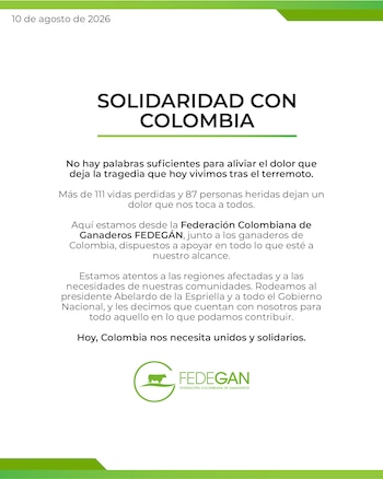 Fedegán anotó que "estamos aquí y listos para apoyar en todo lo que esté a nuestro alcance" - crédito Fedegán