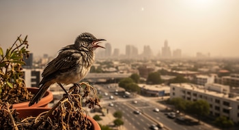 Primer plano de un ave con plumaje gris y blanco, pico abierto, posada en una planta seca en una maceta, con una ciudad borrosa y brumosa de fondo.