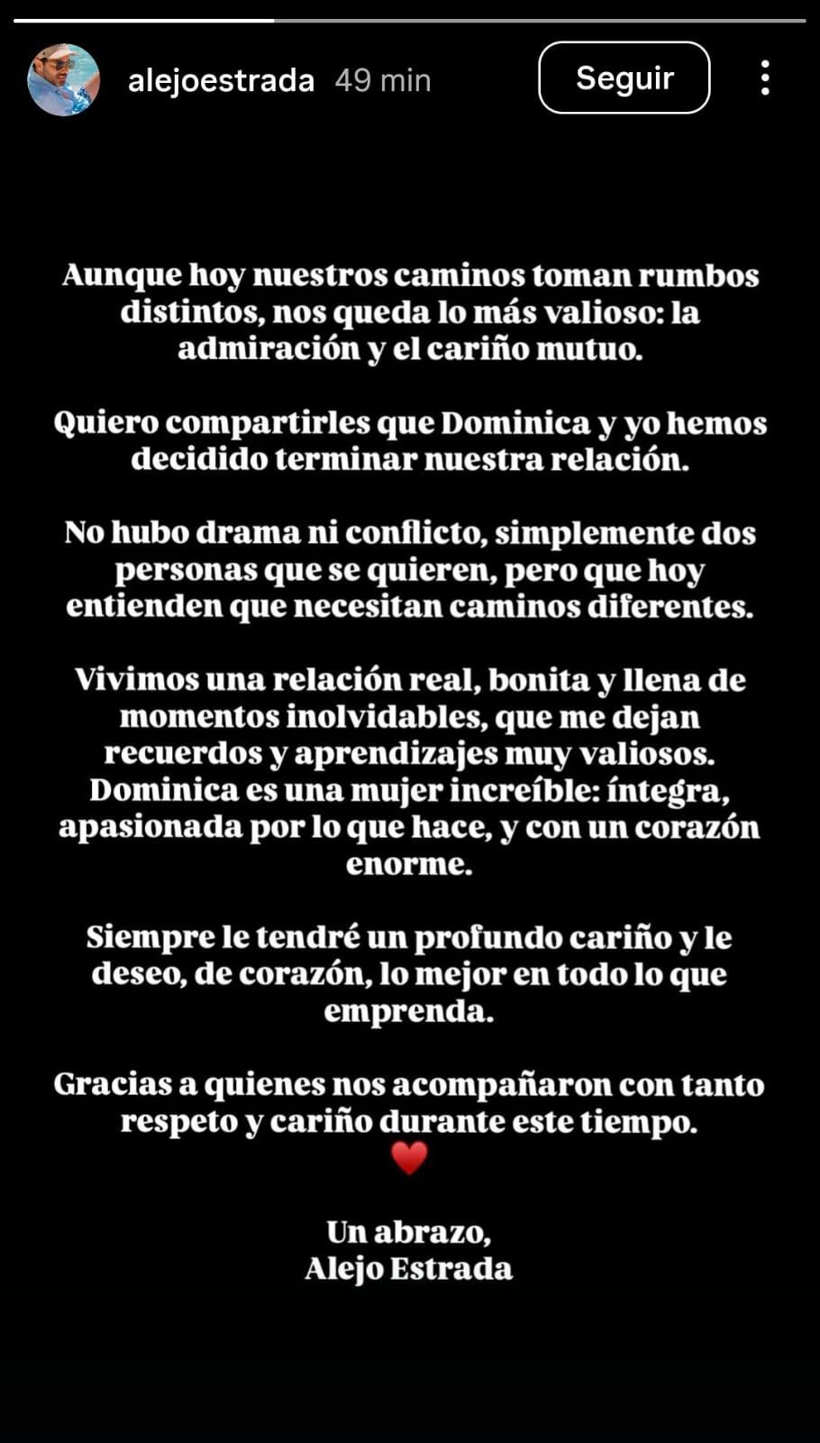 Con este mensaje se confirmó la separación de la pareja - crédito Instagram