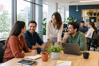 Cuatro personas conversan alrededor de una mesa de madera con computadoras portátiles, tazas de café y cuadernos.