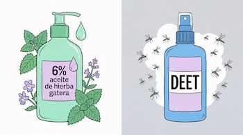 Botella de loción verde con etiqueta '6% aceite de hierba gatera', hojas y flores lilas. Botella de espray azul 'DEET'. Nube de mosquitos volando.