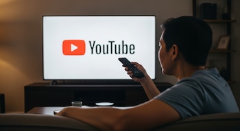 Vista trasera de una persona sentada en un sofá, sosteniendo un control remoto y mirando una televisión que muestra el logotipo de YouTube.