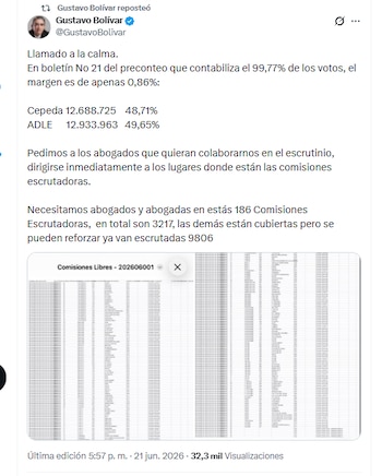 El exdirector del DPS Gustavo Bolívar instó a los abogados del país a acompañar los escrutinios - crédito @GustavoBolivar/X