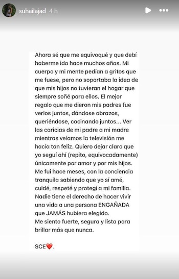 Captura de pantalla de una historia de Instagram de Suhaila Jad, mostrando un texto largo en español sobre su separación y cómo se siente ahora