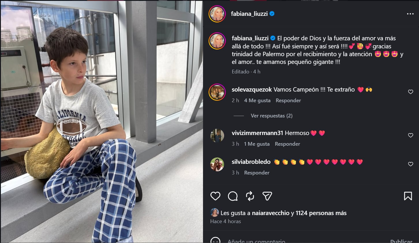 Fabiana Liuzzi compartió una fotografía de Antonio, el hijo que tiene con Luis Ventura, tras su atención médica en la clínica Trinidad de Palermo.