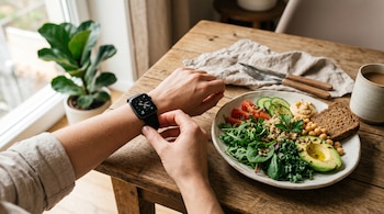 Una mano ajusta un reloj inteligente negro sobre una mesa de madera junto a un plato con ensalada, aguacate y garbanzos.