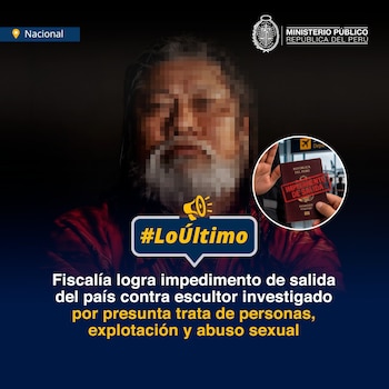 Rostro pixelado de un hombre con barba junto a un sello sobre un pasaporte peruano y texto informativo del Ministerio Público del Perú