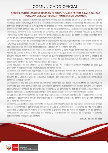 Comunicado de la Cancillería de Perú sobre enfrentamiento en el río Putumayo