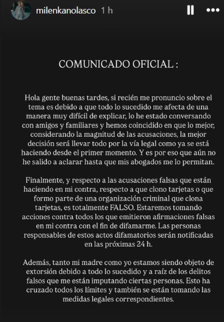 Milenka Nolasco se pronunció tras ser acusada de usar tarjeta clonadas. (Captura de IG)
