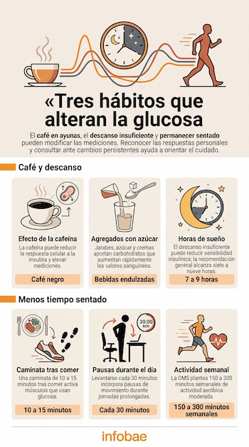 Infografía con ilustraciones de una taza de café, un vaso con azúcar, un reloj con luna, zapatillas, una persona en un escritorio y un corredor.