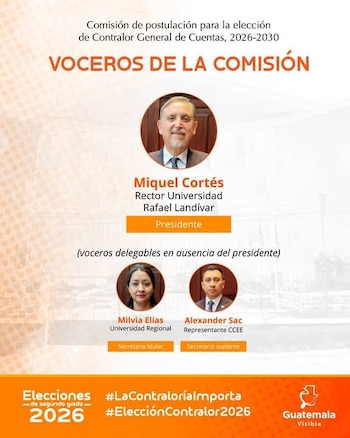Diseño gráfico con tres fotografías de personas identificadas como Miquel Cortés, Milvia Elías y Alexander Sac, con sus cargos y el logo de Guatemala