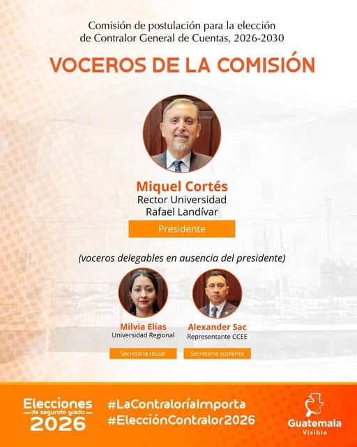 Un diseño gráfico detalla a los voceros de la Comisión de Postulación para la elección del Contralor General de Cuentas de Guatemala para el período 2026-2030. (Guatemala Visible)