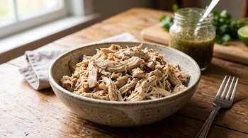 Cuenco de cerámica con pollo deshebrado sobre una mesa de madera junto a un tenedor y un frasco con salsa.