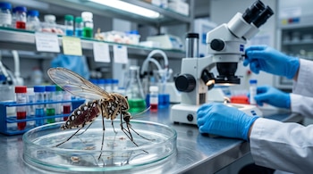 Un mosquito en primer plano sobre una placa de Petri de vidrio, mientras un técnico con guantes azules maneja un microscopio al fondo.