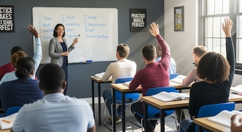 Una mujer profesora se para frente a una pizarra en un aula con ocho estudiantes sentados en pupitres; tres de ellos tienen la mano levantada.