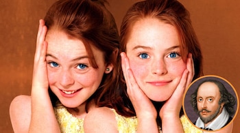 Dos niñas pelirrojas gemelas sostienen su rostro con las manos y un círculo en la esquina inferior derecha contiene un retrato de William Shakespeare.