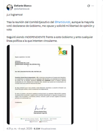 El congresista "Elefante Blanco" actuará con independencia frente al Gobierno de De la Espriella - crédito @elefantescol/X
