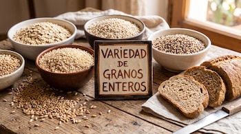 Cuencos con avena, arroz integral, cebada y quinoa rodean un letrero con texto, junto a varias rebanadas de pan integral sobre una mesa.