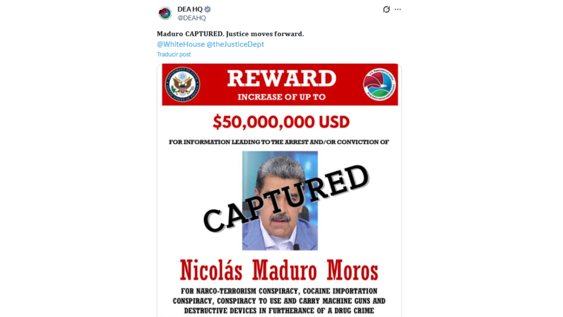 El cuartel general de la DEA actualizó la información sobre la búsqueda de Nicolás Maduro (X)