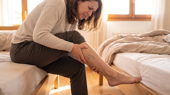 Una mujer sentada al borde de una cama se sujeta la pantorrilla derecha, donde se aprecian venas superficiales sobre la piel.