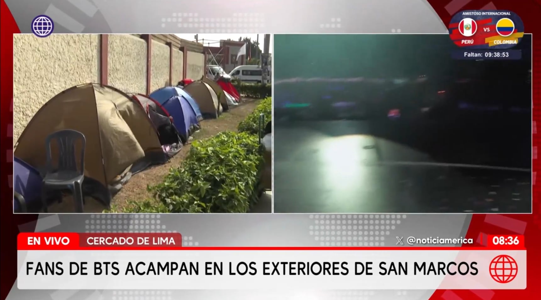 Varias tiendas de campaña instaladas en la vía pública albergan a seguidores de la banda BTS a las afueras del Estadio San Marcos en Lima.