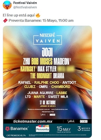 Vaivén 2026 reúne a exponentes del pop alternativo, la electrónica y el indie en un cartel internacional diverso. (X/ @festivalvaiven)