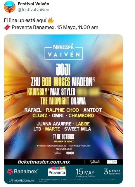 Vaivén 2026 reúne a exponentes del pop alternativo, la electrónica y el indie en un cartel internacional diverso. (X/ @festivalvaiven)