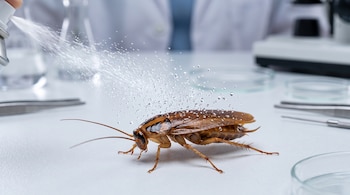 Una cucaracha sobre una mesa blanca recibe un rocío de gotas suspendidas junto a pinzas, placas de Petri y frascos de vidrio.