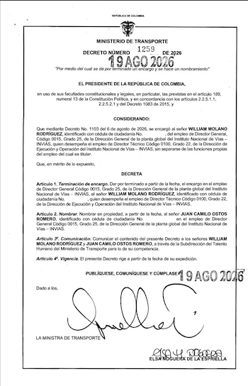 El Gobierno nacional oficializó la designación de Juan Camilo Ostos Romero como nuevo director general del Instituto Nacional de Vías - crédito Dapre