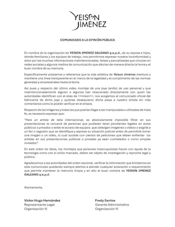 El equipo del fallecido cantante negó los vínculos con alias Mison y se puso a disposición de las autoridades para despejar cualquier duda relacionada - crédito @yeison_jimenez/Instagram