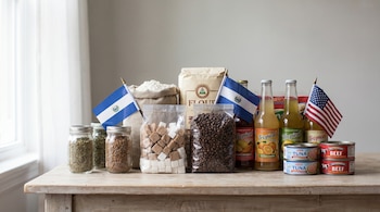 Azúcar en terrones y bolsa, café en granos, harina en saco, especias en frascos, bebidas embotelladas, carne y atún enlatados, banderas de El Salvador y Estados Unidos.