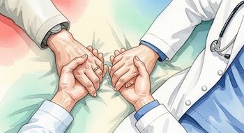 Ilustración acuarela de tres manos entrelazadas sobre una manta clara: una mano mayor, una más joven y una con uniforme médico (bata blanca), con fondo pastel.