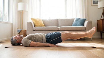 Un hombre de mediana edad con cabello gris, acostado boca arriba en una colchoneta de yoga sobre un piso de madera, realiza elevaciones de piernas extendidas.