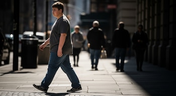 Un adolescente con sobrepeso, vestido con camiseta gris y jeans, camina de perfil por una acera soleada. Varias personas borrosas se ven al fondo.