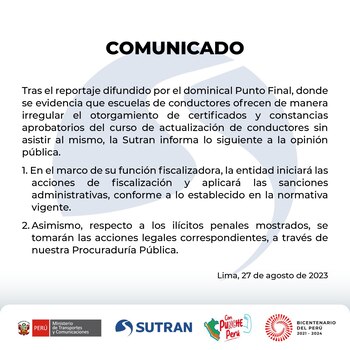 Comunicado de Sutran sobre la