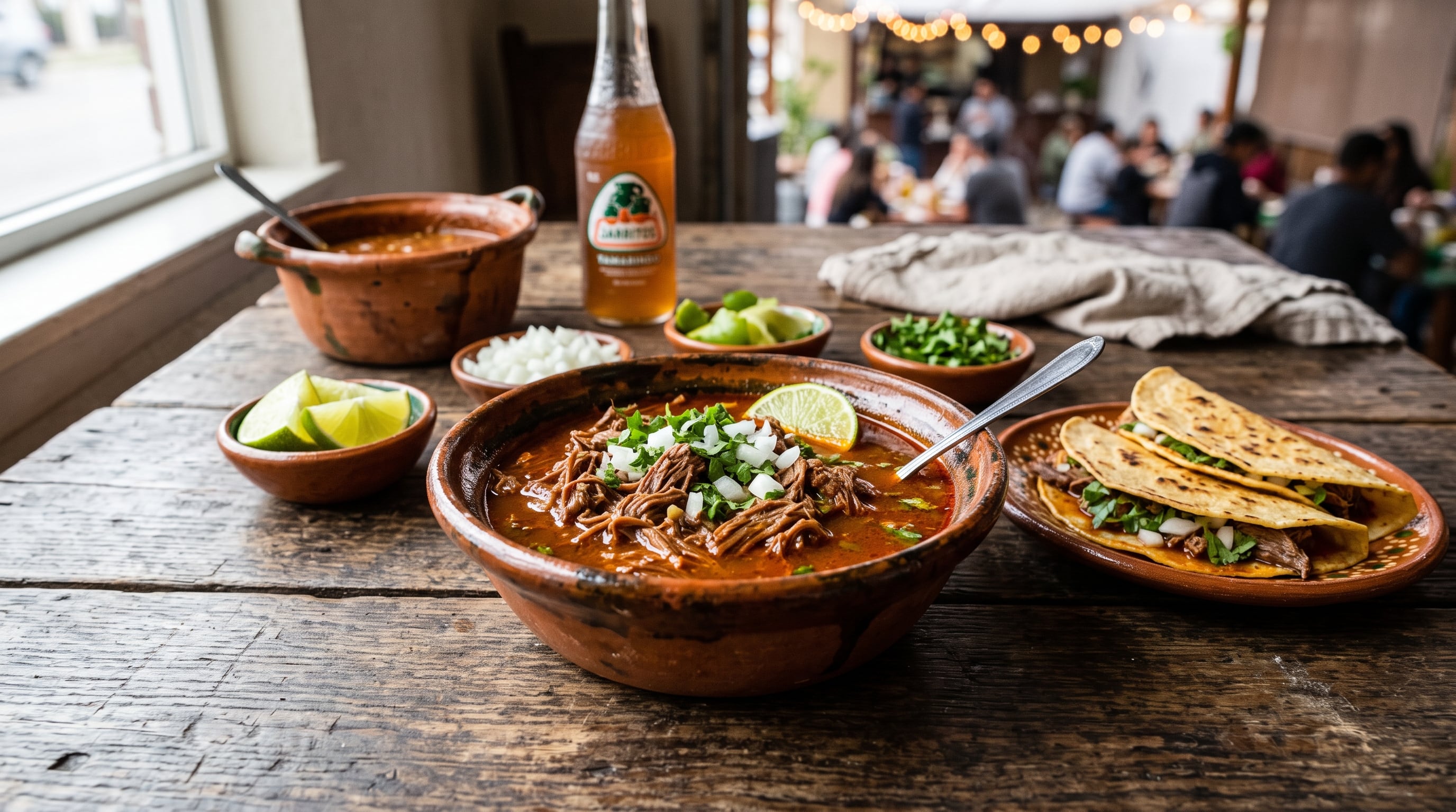 Un tazón de birria con carne deshebrada y verdura se acompaña de tacos, tazones de condimentos y un refresco en la mesa de un restaurante. (Imagen Ilustrativa Infobae)