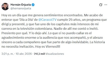 El presentador afirmó tener "sentimientos encontrados" frente al hecho de que no fue invitado al programa de aniversario - crédito @hernanorjuela/X