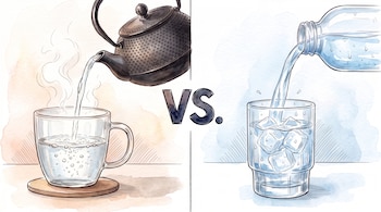 Una tetera vierte agua caliente en una taza, al lado una botella vierte agua fría en un vaso con hielo, separado por la palabra VS.