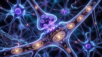 Neuronas en tonos azules y violetas con vesículas de neurotransmisores en la hendidura sináptica y mitocondrias en el interior.