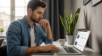 Un hombre joven con barba sentado frente a una computadora portátil con la mano en la barbilla, hay una taza y una planta en el escritorio.