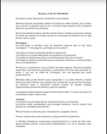 Parte de la carta de la madre de Aquiles Álvarez.