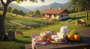 Casa de campo, montañas, huerta, valla de madera, varios animales de granja, pan, queso, frutas y una jarra con leche en mesa de madera.